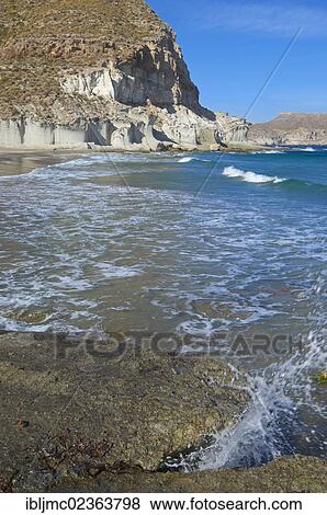Stock Photo - "Cabo de Gata, Cala de Emmedio, Beach, Cabo de Gata-Nijar Natural Park, Almeria, Spain, Europe". Fotosearch