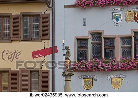Stock Photography - "Cafe and Town Hall, cracks in the facade due to geothermal drilling, Staufen, Black Forest, Baden-Wuerttemberg, Germany, Europe". Fotosearch