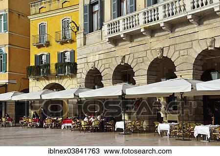 Stock Image - "Cafes on Liston square, Piazza Bra, Verona, Veneto region, Italy, Europe". Fotosearch