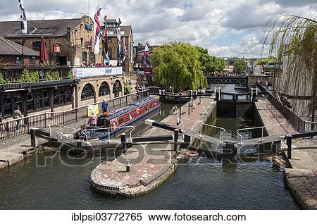 Stock Photography - "Camden Lock or Hampstead Road Lock No 1, manually operated locks on the Regent's Canal, Camden, London, England, United Kingdom, Europe". Fotosearch