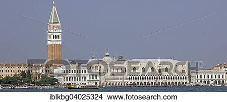 Picture - "Campanile, Doge's Palace, Biblioteca Marciana, St. Mark's Square, from Venice Lagoon, Venice, Veneto, Italy, Europe". Fotosearch
