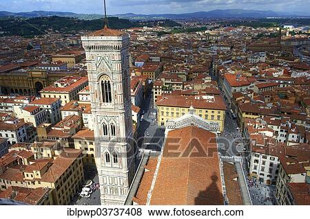 Stock Photo - "Campanile of the Duomo of Florence, Cattedrale di Santa Maria del Fiore, from the top of the dome, Florence, Tuscany, Italy, Europe". Fotosearch