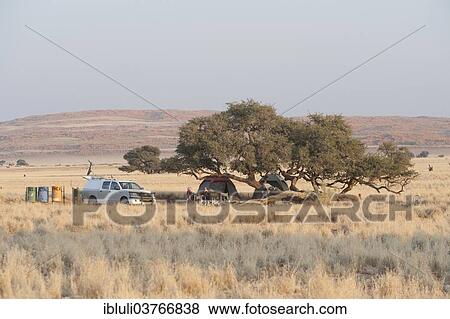 Stock Photo - "Camper vehicle and tents under trees, Sesriem Campsite, Khomas Region, Namibia, Africa". Fotosearch