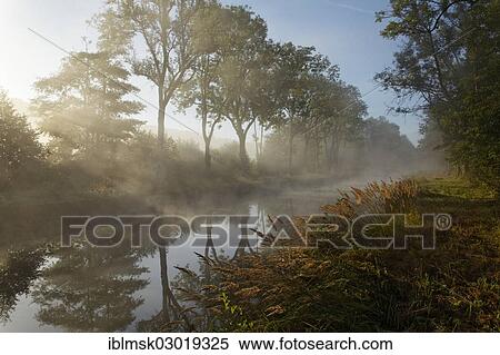 Stock Photography - "Canal des Vosges, formerly Canal de l'Est, at PK 100. 5, with morning fog and morning sun, Girancourt, Epinal, Lorraine, Departement Vosges, France, Europe". Fotosearch