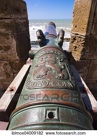 Stock Image - "Cannon on fortification, town wall by the sea, Scala de la Kasbah, Scala du Port fortress, Essaouira, Marrakesh-Tensift-El Haouz region, Morocco, Africa". Fotosearch