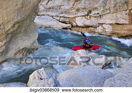 Stock Photo - "Canoeist in the Verdon Gorge, Gorges du Verdon, Alpes-de-Haute-Provence, Provence-Alpes-Cote d'Azur, France, Europe". Fotosearch