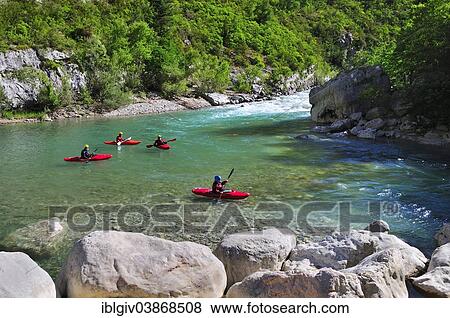 Stock Photo - "Canoeists in the Verdon Gorge, Gorges du Verdon, Alpes-de-Haute-Provence, Provence-Alpes-Cote d'Azur, France, Europe". Fotosearch