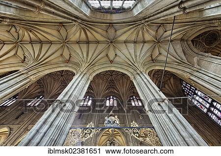 Stock Image - "Canterbury Cathedral, nave, South East England, administrative county of Kent, England, United Kingdom, Europe". Fotosearch