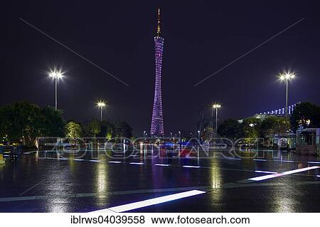 Stock Photo - "Canton Tower, TV tower, in the rain, at night, Guangzhou, Guangdong, China, Asia". Fotosearch