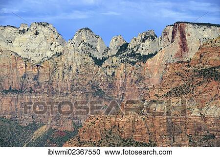 Stock Image - "Canyon Overlook lookout point with the Towers of the Virgin Mountains, Altar of Sacrifice, Zion National Park, Utah, United States of America, USA". Fotosearch