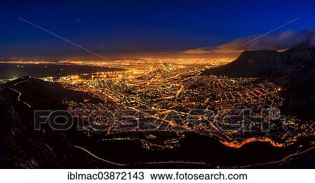 Stock Image - "Cape Town at night, view from Lion's Head Mountain, Cape Town, Western Cape, South Africa, Africa". Fotosearch
