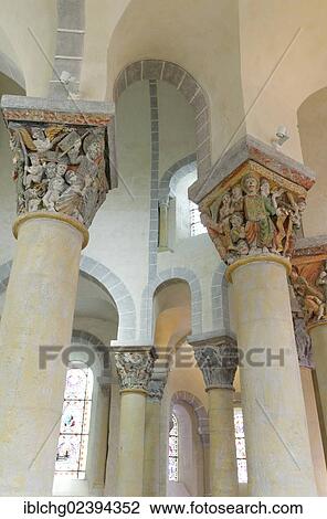 Stock Image - "Capitals of the ambulatory, 12th century Romanesque church, Saint Nectaire, Puy de Dome, France, Europe". Fotosearch