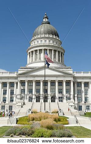 Picture - "Capitol, Supreme Court and Parliament, national flag and flag of the State of Utah, Capitol Hill, Salt Lake City, Utah, Western United States, USA, United States of America, North America". Fotosearch