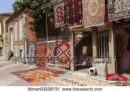 Stock Image - "Carpet shop, Bergama, Izmir Province, Aegean Region, Turkey, Asia". Fotosearch