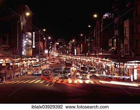 Cars And Colorful Lights On Shijo Dori Street At Night Gion Kyoto Japan Asia Stock Image Iblalx Fotosearch