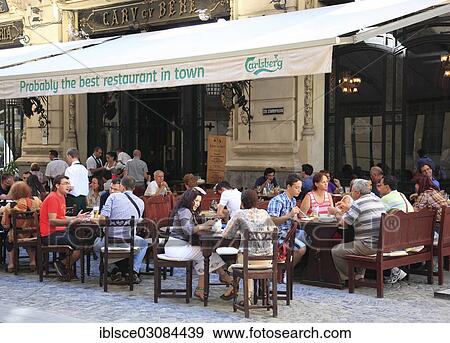 Stock Photo - "Carul cu Bere, beer wagons restaurant, in the Strada Lipscani street in the old commercial district, Bucharest, Bucure? Öti, Romania, Europe". Fotosearch