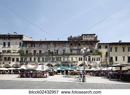 "Case dei Mazzanti building with mural paintings and the Madonna Verona fountain, Piazza delle Erbe square, Verona, Veneto, Italy, Europe" View Large Photo Image Stock Photo - "Case dei Mazzanti building with mural paintings and the Madonna Verona fountain, Piazza delle Erbe square, Verona, Veneto, Italy, Europe". Fotosearch