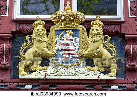 "Cast iron coat of arms of Hesse, supported by two lions, half-timbered house, Marburg Potters' House, historic centre, Marburg, Hesse, Germany, Europe" View Large Photo Image Stock Photo - "Cast iron coat of arms of Hesse, supported by two lions, half-timbered house, Marburg Potters' House, historic centre, Marburg, Hesse, Germany, Europe". Fotosearch