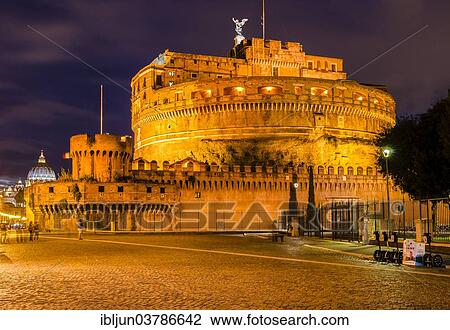 Stock Image - "Castel Sant'Angelo, Mausoleum of the Emperor Hadrian, 76-138 AD, at night, Rome, Lazio, Italy, Europe". Fotosearch