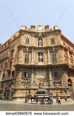 Stock Photograph - "Castellamare with fountain with autumn season statue, Philip IV statue and patroness Oliva di Palermo statue, La Loggia, Quattro Canti, Piazza Vigliena, Palermo, Sicily, Italy, Europe". Fotosearch