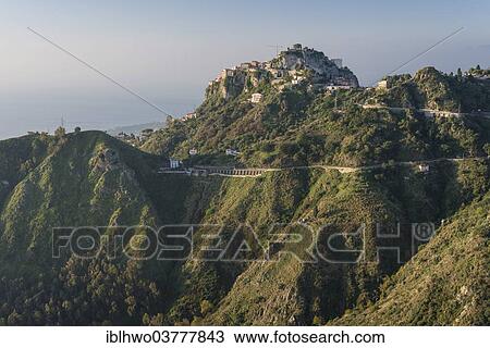 Stock Image - "Castelmola town on the Monte Tauro, Sicily, Italy, Europe". Fotosearch