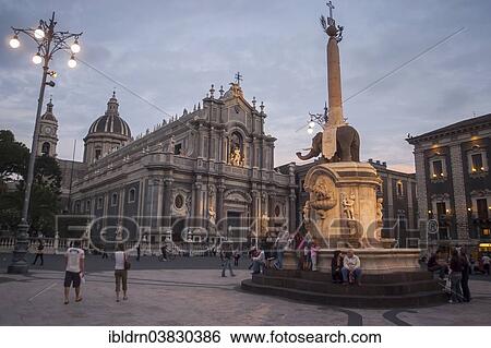 Stock Photograph - "Catania Cathedral and the Fontana dell'Elefante fountain, Catania, Sicily, Italy, Europe". Fotosearch