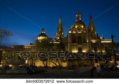 Stock Image - "Cathedral Catedral de Guadalajara at night, Guadalajara, Jalisco, Mexico, North America". Fotosearch