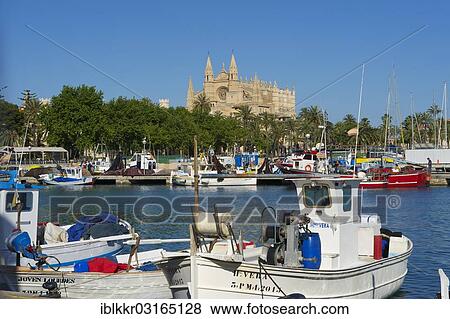 Stock Photo - "Cathedral La Seu and the fishing port, Palma de Mallorca, Majorca, Balearic Islands, Spain, Europe". Fotosearch