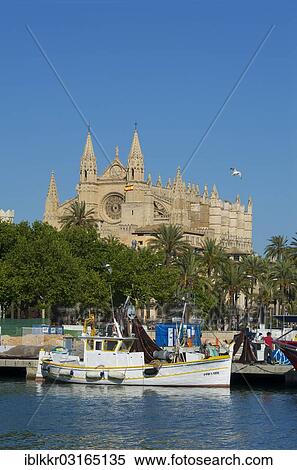 Stock Photography - "Cathedral La Seu and the fishing port, Palma de Mallorca, Majorca, Balearic Islands, Spain, Europe". Fotosearch