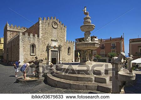 Stock Image - "Cathedral of San Nicolo on Piazza Duomo square, Taormina, Province of Messina, Sicily, Italy, Europe". Fotosearch