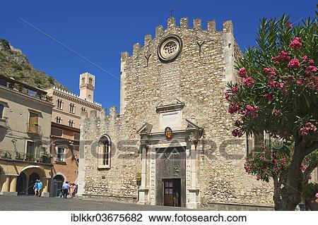Stock Image - "Cathedral of San Nicolo on Piazza Duomo square, Taormina, Province of Messina, Sicily, Italy, Europe". Fotosearch