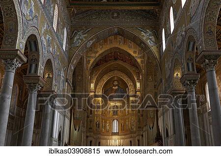 Stock Photography - "Cathedral of Santa Maria Nuova, Monreale Cathedral, with Byzantine gold ground mosaics, Monreale, Province of Palermo, Sicily, Italy, Europe". Fotosearch