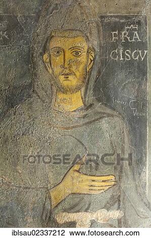 Stock Image - "Catholic Christianity, ornate mural of 1228 Ad, fresco, St. Francis of Assisi, St. Benedict's Abbey, Monastery of San Benedetto, Sacro Speco, Sacred Grotto, Subiaco, Lazio, Italy, Southern Europe, Europe". Fotosearch
