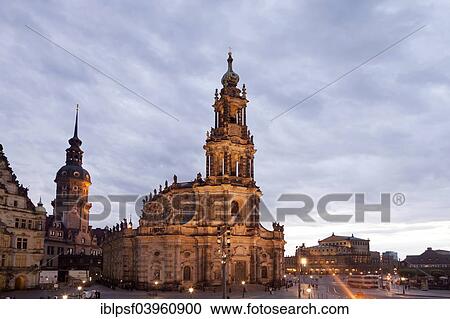 Stock Image - "Catholic Hofkirche, Dresden Castle and Semperoper at night, Dresden, Saxony, Germany, Europe". Fotosearch