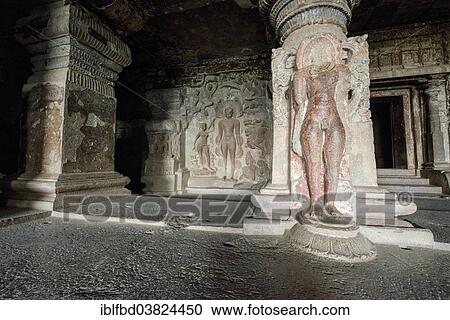 Stock Image - "Cave 32, the Indra Sabha Cave, Ellora Caves, UNESCO World Heritage Site, Ellora, Maharashtra, India, Asia". Fotosearch