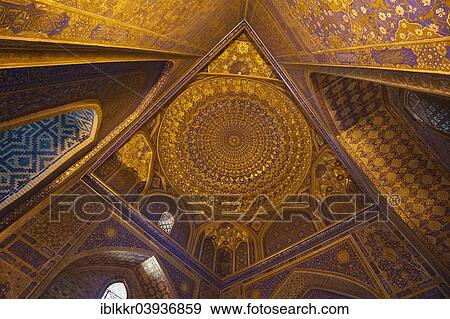 Stock Photo - "Ceiling decorated in gold, mosque in the Ulugh Beg Madrasah, Registan, Samarkand, Uzbekistan, Asia". Fotosearch