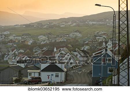 Stock Photography - "Centre of the town of Miovagur, evening mood, Miovagur, Vagar, Faroe Islands, Denmark, Europe". Fotosearch