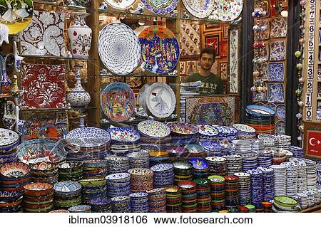 Stock Photograph - "Ceramic dealer, Grand Bazaar or Kapali Carsi, Beyazit, Istanbul, European part, Turkey, Asia". Fotosearch