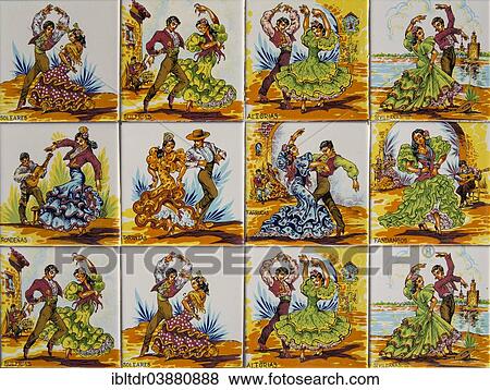 "Ceramic tiles with motifs of traditional Andalusian dances fitted in the surface of terrace tables at the Parador of Arcos de la Frontera, Cadiz province, Andalusia, Spain, Europe" View Large Photo Image Stock Photo - "Ceramic tiles with motifs of traditional Andalusian dances fitted in the surface of terrace tables at the Parador of Arcos de la Frontera, Cadiz province, Andalusia, Spain, Europe". Fotosearch