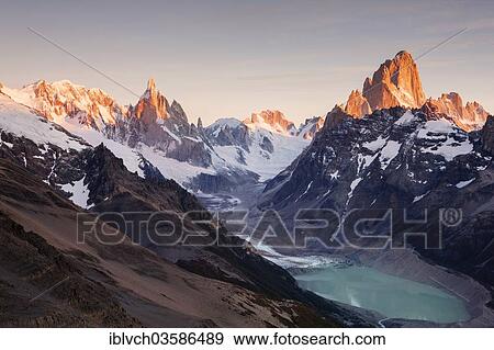 "Cerro Torre and Fitz Roy massif, Lago Torre, in the morning light, Los Glaciares National Park, El Chalten, Santa Cruz, Argentina, South America" View Large Photo Image Stock Photo - "Cerro Torre and Fitz Roy massif, Lago Torre, in the morning light, Los Glaciares National Park, El Chalten, Santa Cruz, Argentina, South America". Fotosearch