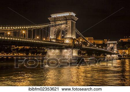 Stock Image - "Chain Bridge, Danube, Buda Castle at back, Budapest, Hungary, Europe". Fotosearch