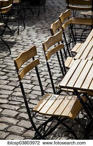 Stock Image - "Chairs and tables outside, Vieux Lyon historic centre, Lyon, Rhone-Alpes, France, Europe". Fotosearch