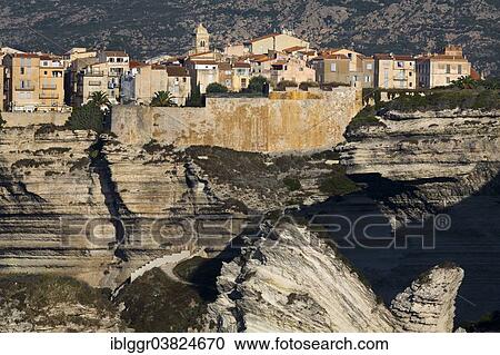 Stock Image - "Chalk cliffs in the morning light, Bonifacio, Corse-du-Sud, Corsica, France, Europe". Fotosearch