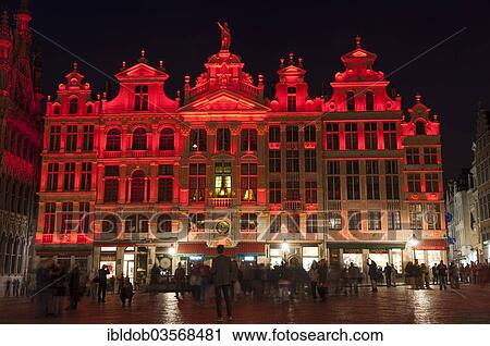 Stock Image - "Chaloupe d'Or, Grote Markt, Grand Place market square, illuminated at night, Brussels, Brussels Region, Belgium, Europe". Fotosearch