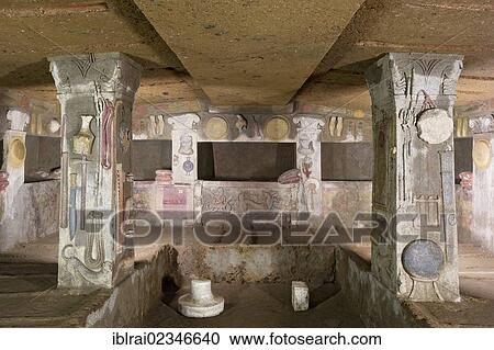 Stock Image - "Chamber tomb, Tomba dei Rilievi, Etruscan Necropolis of La Banditaccia, Necropoli della Banditaccia, Cerveteri, province of Rome, Lazio region, Italy, Europe". Fotosearch