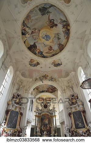 Stock Photo - "Chancel and vault of the palace church of St. Mary, ceiling frescoes by Franz Joseph Spiegler, Mainau, Baden-Wurttemberg, Germany, Europe". Fotosearch