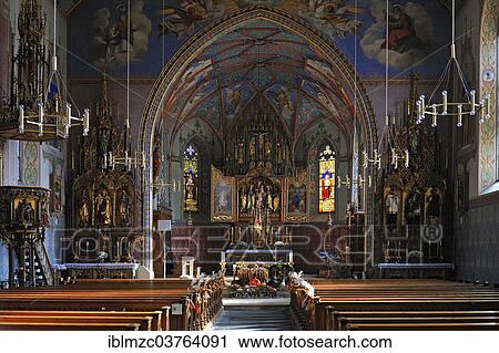Stock Image - "Chancel with the vaulted ceiling of the Parish Church of St. Pelagius, 1860, decorated for Thanksgiving, Weitnau, Oberallgau, Allgau, Swabia, Bavaria, Germany, Europe". Fotosearch