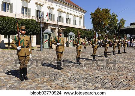 Picture - "Changing of the guards in front of the Presidential Palace Sandor Palace on Castle Hill, Budapest, Hungary, Europe". Fotosearch