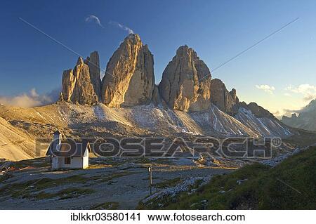 "Chapel of Dreizinnenhuette or Three Peaks Alpine hut in front of the north face of the Three Peaks, Sextner Dolomiten, South Tyrol province, Trentino-Alto Adige, Italy, Europe" View Large Photo Image Stock Image - "Chapel of Dreizinnenhuette or Three Peaks Alpine hut in front of the north face of the Three Peaks, Sextner Dolomiten, South Tyrol province, Trentino-Alto Adige, Italy, Europe". Fotosearch