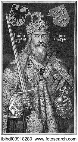 Stock Image - "Charlemagne or Charles the Great with the Imperial Regalia, 747-814, King of the Franks and Emperor of the Romans, Carolingian dynasty". Fotosearch